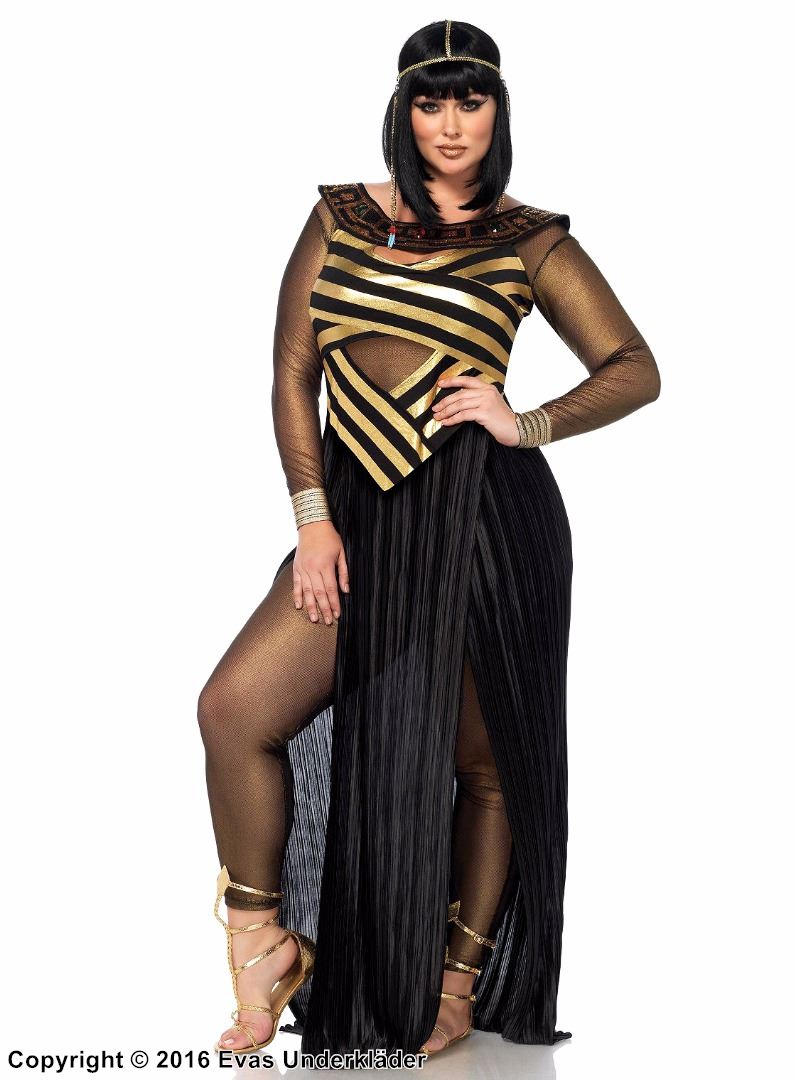Egyptian queen Cleopatra, costume dress, gold shimmer, stripes, plus size